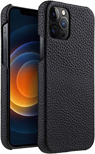Housse en cuir véritable iPhone 14 Pro Max étui litchi noir chic
