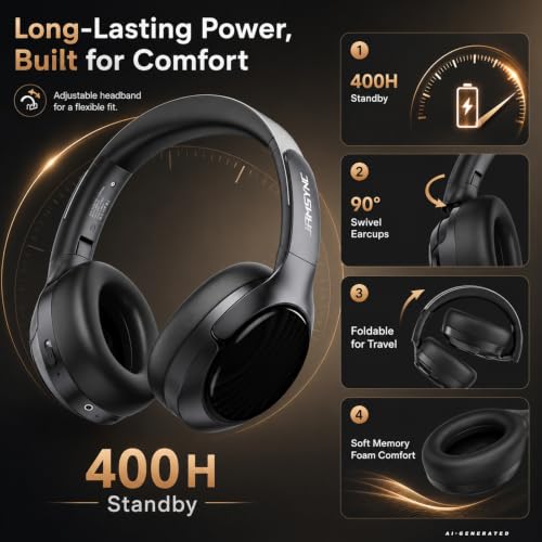 Image of Noise Cancelling Headphones Wireless Bluetooth 6.0, Over Ear ANC Headphones with 120H Battery, Hi-Res Audio, Transparency Mode, Deep Bass, Memory Foam Ear Cups for Airplane Travel Office Home