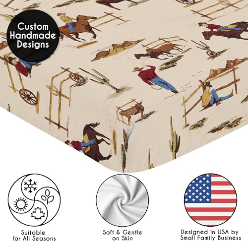 Image of Sweet Jojo Designs Fitted Baby Crib Sheets (Western Cowboy) for Boys, Infant Nursery, Toddler Room - Standard Size (Vintage Americana, Wild West, Southern, Country, Beige, Tan, Farm, Horse Ranch)