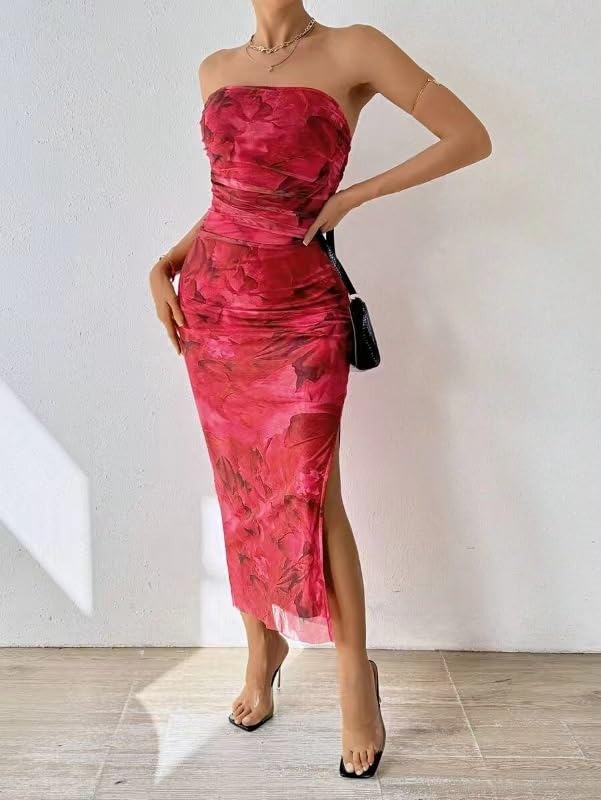 Image of Women's Mesh Floral Strapless Bodycon Maxi Dress Ruched Long Tube Dresses Summe Sexy Party Club Dress Y2K Dresses