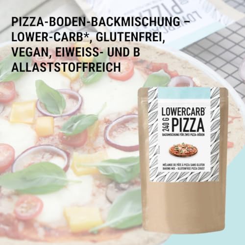 Lower-Carb Pizza Backmischung für 2 Pizzaböden oder 1 Pizzablech | 90% weniger Kohlenhydrate | Glutenfrei, 29g Vegan Protein, mit Mandelmehl Flohsamenschalen & Leinsamen, keto, Organic Workout
