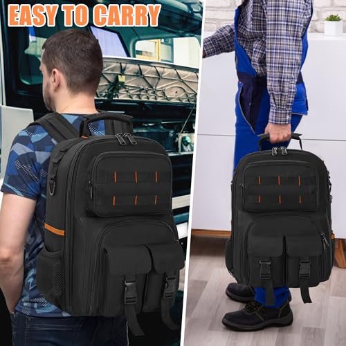 Image of Tool Backpack for Men with Removable Tool Organizer | Heavy Duty Tool Bag, Durable Water-Resistant Work Backpack for Electrician, Plumber, HVAC, Cable Repairman, Black & Orange