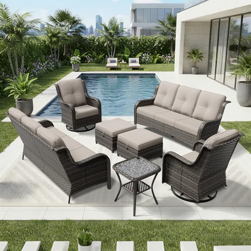Image of Joyside 7 Piece Wicker Patio Furniture Set, Outdoor Swivel Rocker Patio Chairs with High Back, Deep Seating, Wide Armrest, Thickened Cushions, Outdoor Furniture for Deck, Porch Use