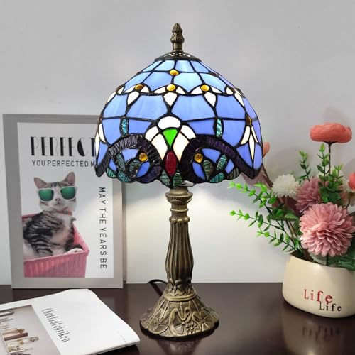 Image of Tiffany Table Lamp 3-Way Light Handmade Bedside Lamp Small Desk Night Lamp Stained Glass Antique 15inch Tall Desk Light for Home Office Bedroom Living Room Study Room, Blue