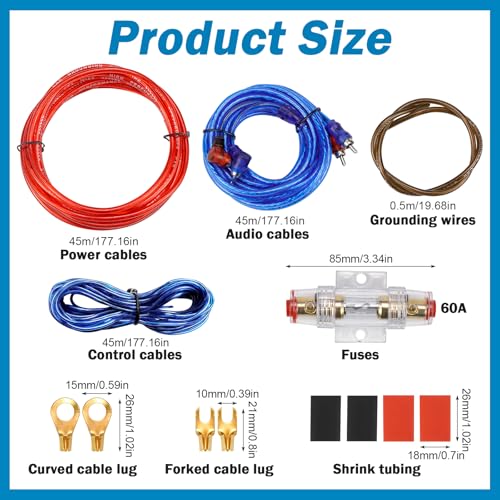 Kfz Verstärker Kabelsatz Anschluss Set 10GA Subwoofer Kabel Set 1500w Endstufe Kabel Set Auto Verstärker Kabel Car Audio Wire 4,5 m für Car Audio Endstufen