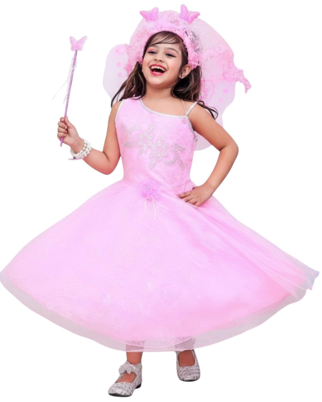 AJ DEZINES Kids Pari Gown for Girls Net Fabric Sleeveless with Wings - Birthday Christmas Dress | Party & Festival Outfit | Angel Maxi Dress for girls - Regular Fit