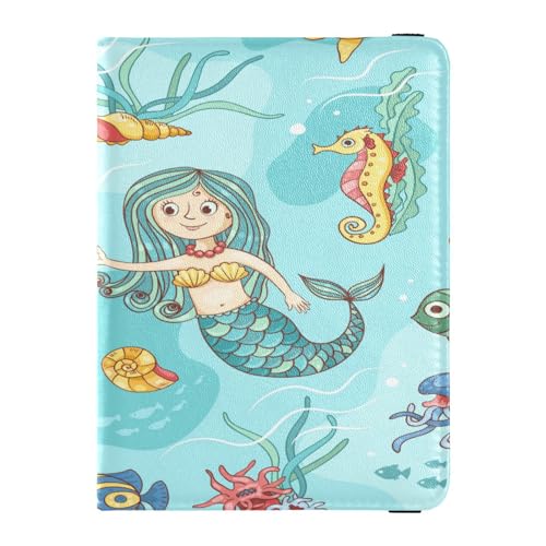 Custodia per passaporto pelle ultra sottile custodia protettiva per donne e uomini porta badge identificativo e carte di credito portafoglio essenziale da viaggio sfondo blu con sirena Multi