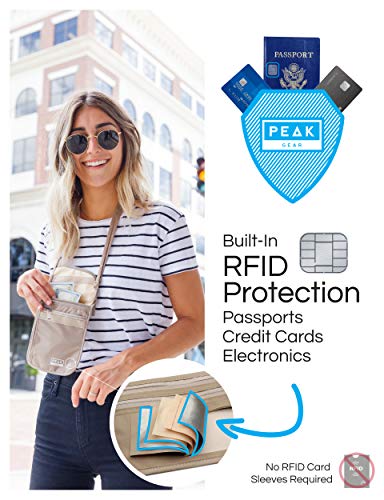 peak gear rfid neck wallet - the original travel pouch with adjustable crossbody strap  theft protection and lost amp found service  beige