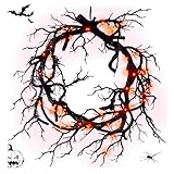 VDKIDKT Glitter Black Branch Halloween Wreath with Red Lights, 18 Inch Round Artificial Wreath for Front Door, Window, Wall Decor