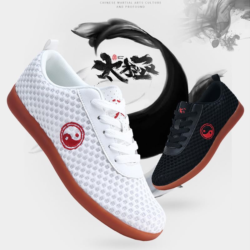Tai Chi Shoes, Breathable Knit Slip-On, White with Red Yin Yang Logo, Soft Rubber Sole4