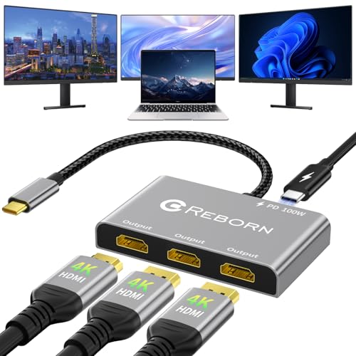 Reborn USB-C to 3 HDMI Adapter with 100W PD, 4K@60Hz USB Type-C to HDMI 1 in 3 Out Splitter for 3-Port USB-C Multi-Monitor Adapter, Compatible with PC/macOS/Linux and More