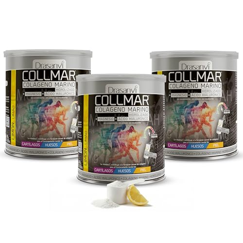 DRASANVI COLLMAR Colageno Marino Hidrolizado con Magnesio, Acido Hialuronico y Vitamina C | para cartílagos, huesos y piel | Máx. Asimilación 9.717 mg/día |3 x 300 g de polvo | Sabor Limón