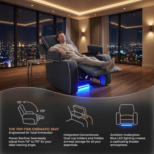 Image of Power Reclining Sectional Sofa Set with LED Light, Blue Grey Sanded Leather Sectional Couches, Living Room Furniture Sets, Power Recliner Sofa Sets with 3 Recliner Seater for Living Room