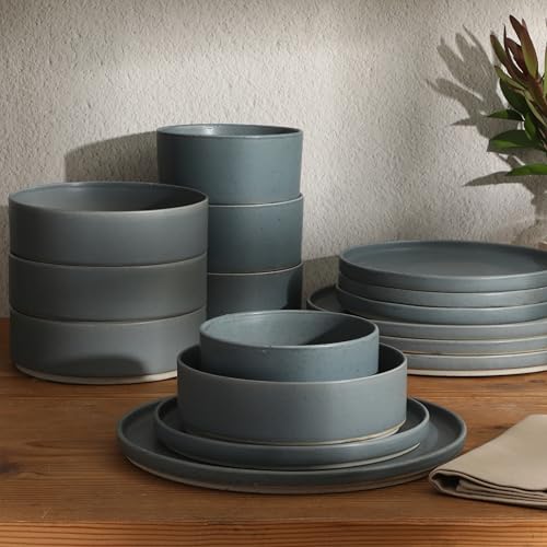 Image of Gibson Elite Tatum Premium Porcelain Matte Reactive Glaze 16-Piece (Service for 4) Plates and Bolws Stackable Dishes Ceramic Dinnerware - Blue