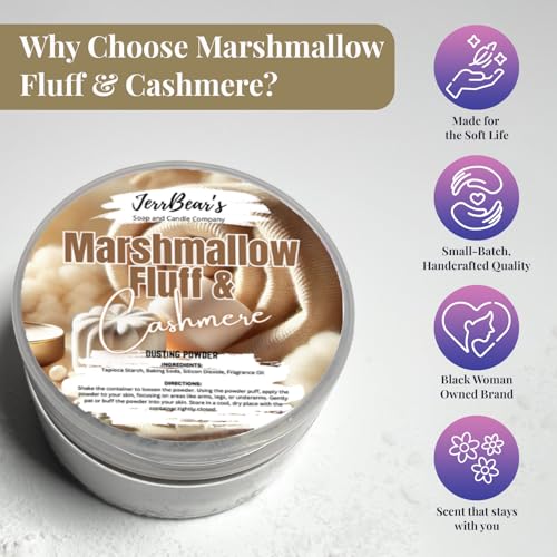 JerrBear’s Marshmallow Fluff & Cashmere Dusting Powder, Talc Free Body Formula for Women, Soft Scented Skin Care, Baking Soda Free for Smooth Finish, Gentle Powder for Daily Freshness, (4oz Jar)