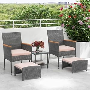 RELAX4LIFE 5-Piece Patio Furniture Set – Wicker Rattan Outdoor Bistro Conversation Set for 2 w/Ottomans & 2-Tier Glass Coffee Table, Patio Chairs w/Cushions, Acacia Wood Armrests for Porch Balcony