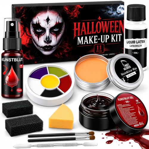 Maquillage Halloween pour Visage avec Faux Sang Halloween Makeup SFX | Avec Fake Blood Spray, Sang Coagulé, Cire à Cicatrices, Liquide SFX, Palette 6 Couleur, Spatule, Pinceaux et Éponges