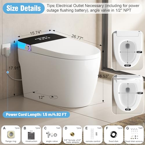 Image of Luxury Smart Toilet, Elongated One Piece Toilet with Heated Seat, Dryer, Auto-Lift Lid, Soft Close, Electric Tankless Bidet Toilets for Bathroom with Siphon Dual Flush 0.8 /1.2 GPF, MAP 1000g
