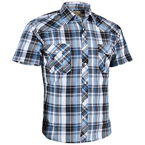 Coevals Club Men's Casual Plaid Pearl Button Snap Front Short Sleeve Shirt Regular Fit (Blue/White #10, 2XL)