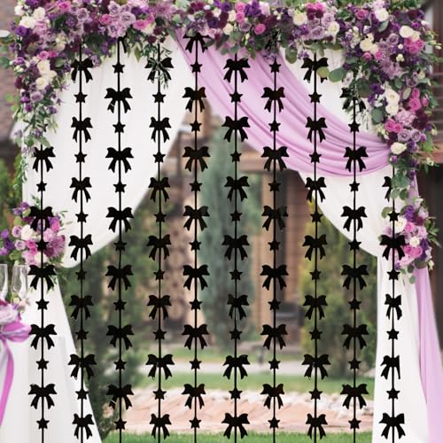 Image of Menstarsi Bow Foil Fringe Curtains, Black Bow Birthday Backdrop, 2 Pack | Bow Party Decorations Black Birthday Party Supplies Photo Booth Props Streamers for Bachelorette Girl Baby Shower Party Decor