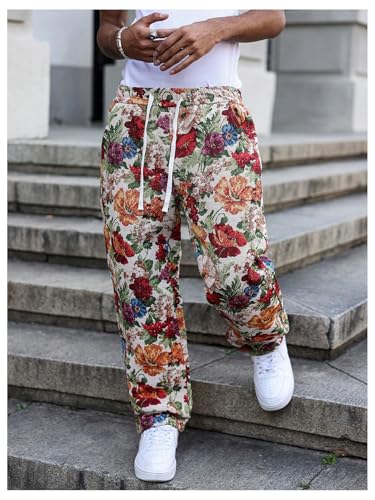 GORGLITTER Men's Floral Embroidery Pants Boho Drawstring Waist Straight Leg Trousers with Pockets4