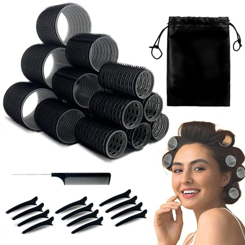 UoQo Hair Rollers for Long Hair, 32 Pcs Salon Hairdressing Curlers Rollers Set for Hair, Black Self Grip Hair Roller Kit with 12 Clips 1 Comb and A Large Storage Bag