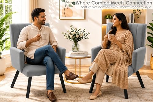 Image of Rosebell Modern Velvet Office Chairs Set of 2 with Armrests & Metal Legs | Upholstered High Back Leisure Chairs for Living Room, Bedroom, Office, Cafe & Dining Room | Grey