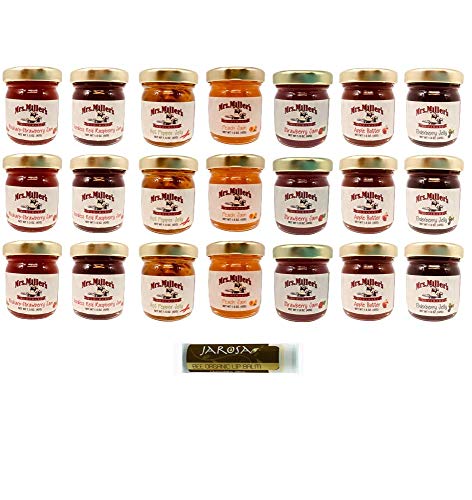 Mrs. Miller's Mini 7 FLAVOR Variety 1.5 oz. - Pack of 21 (3 of ea): Apple Butter, Elderberry Jelly, Hot Pepper Jelly, Peach Jam, Seedless Red Raspberry Jam, Strawberry Jam & Strawberry Rhubarb Jam