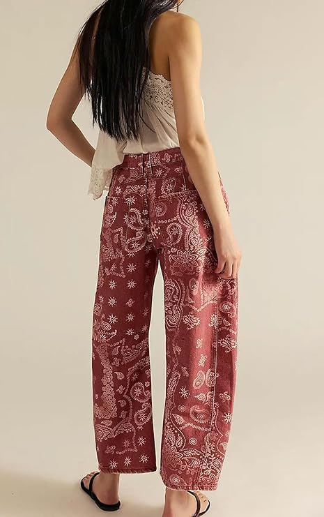 Womens Baggy Barrel Boyfriend Jeans Floral Print Denim Ankle Pants Cropped Low Rise Wide Leg Flared Y2K Patchwork Sweatpants - Image 4