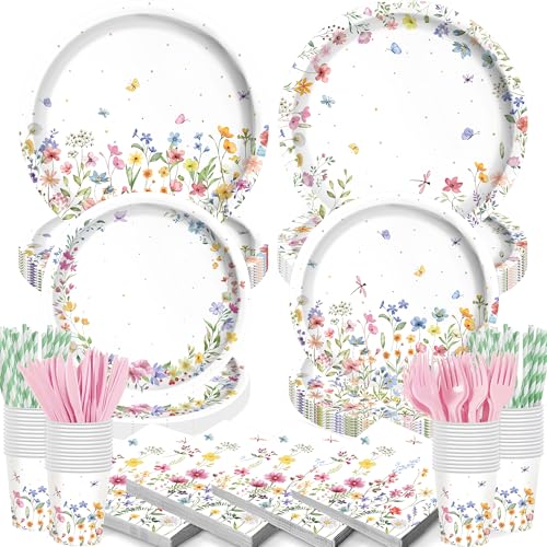168PCS Spring Wildflower Party Decorations Baby Shower Floral Theme Party Tableware Set Plates Napkins Cups Wildflower Baby Shower Decorations Serves 24 Guests