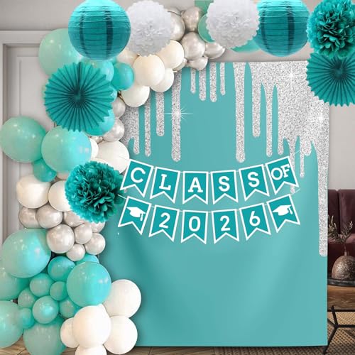 Image of Teal Graduation Party Decoration Class Banner Hanging Pom Poms Flowers High School College Grad Supplies