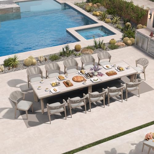 Image of PURPLE LEAF Outdoor Dining Set for 12 with HPL Table and Chairs Champagne