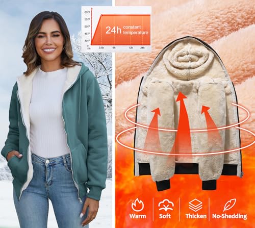 Image of Flygo Womens Casual Winter Warm Sherpa Lined Full Zip Up Hoodie Sweatshirt Jacket
