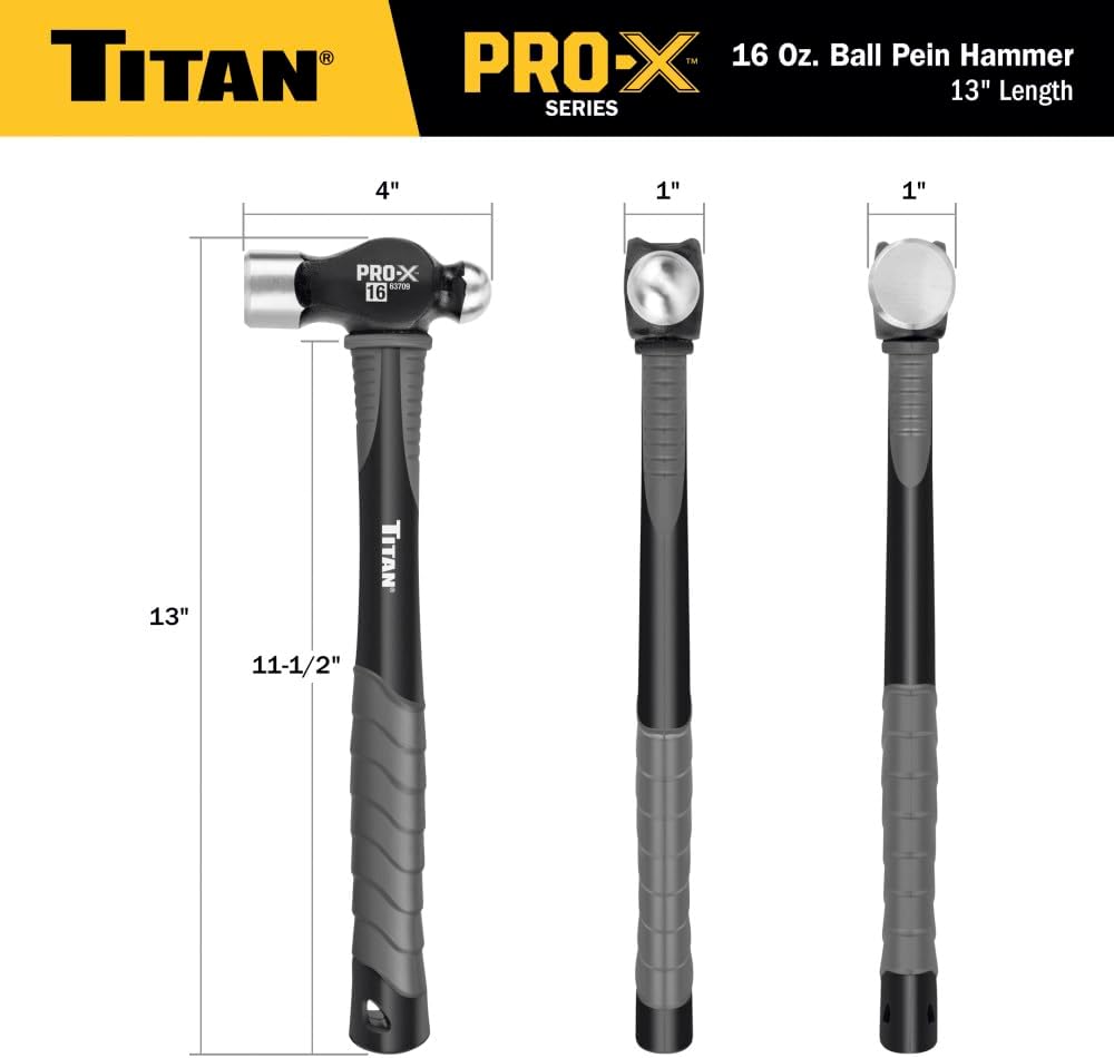 Titan Pro-X 63709 16oz Ball Pein Hammer, 13" Shock Absorbing Fiberglass Handle with Textured Rubber Grip, Overstrike Protection, Forged Steel Head
