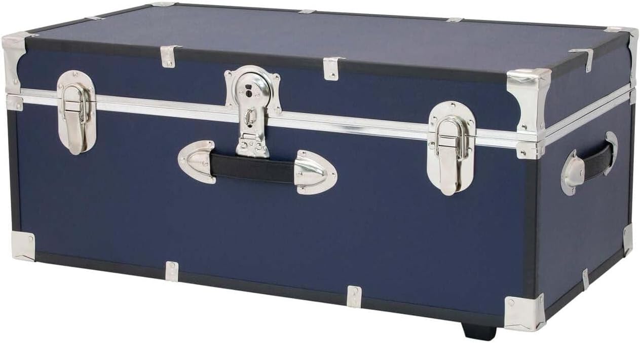 Rustic Romance Heavy Duty 30" Under Bed College Storage Trunk with Lock, Latch Closure Type, 15.75" D x 30" W x 12.25" H, Ideal Camp Dorm Room Trunk Footlocker Navy Blue