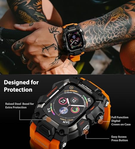 Image of ULTIMAL Rugged Case with Band for Apple Watch Band 45mm,Compatible with Apple Watch Series 9 /8 /7 45mm,Military Grade Shockproof Bumper Cover for iWatch Tactical Band Men (Orange, 45mm)