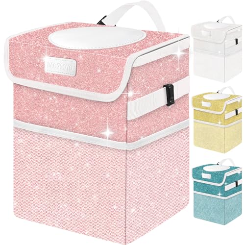 BAOGCOYO Cute Mini Car Trash Bag with Lid, Glitter Garbage Can Bin Hanging for Back/Front Seat/Console, Waterproof, Leakproof, 2.5 Gallon, Pink Bling Sparkly