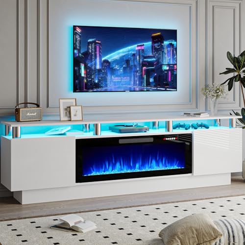 PRETZI 70' Modern Fireplace TV Stand with 36' Electric Fireplace for TVs Up to 80 inch, Luxury LED Light Entertainment Center with High Gloss Cabinet, TV Consoles for Living Room, White