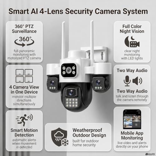 Image of Golens WC26H Wireless WiFi CCTV Camera 2MP Quad Lens | 4 Lens 3-Inch Security Camera with Auto Tracking, Motion Detection, Full Color Night Vision, Two-Way Audio, 256GB TF Card Support