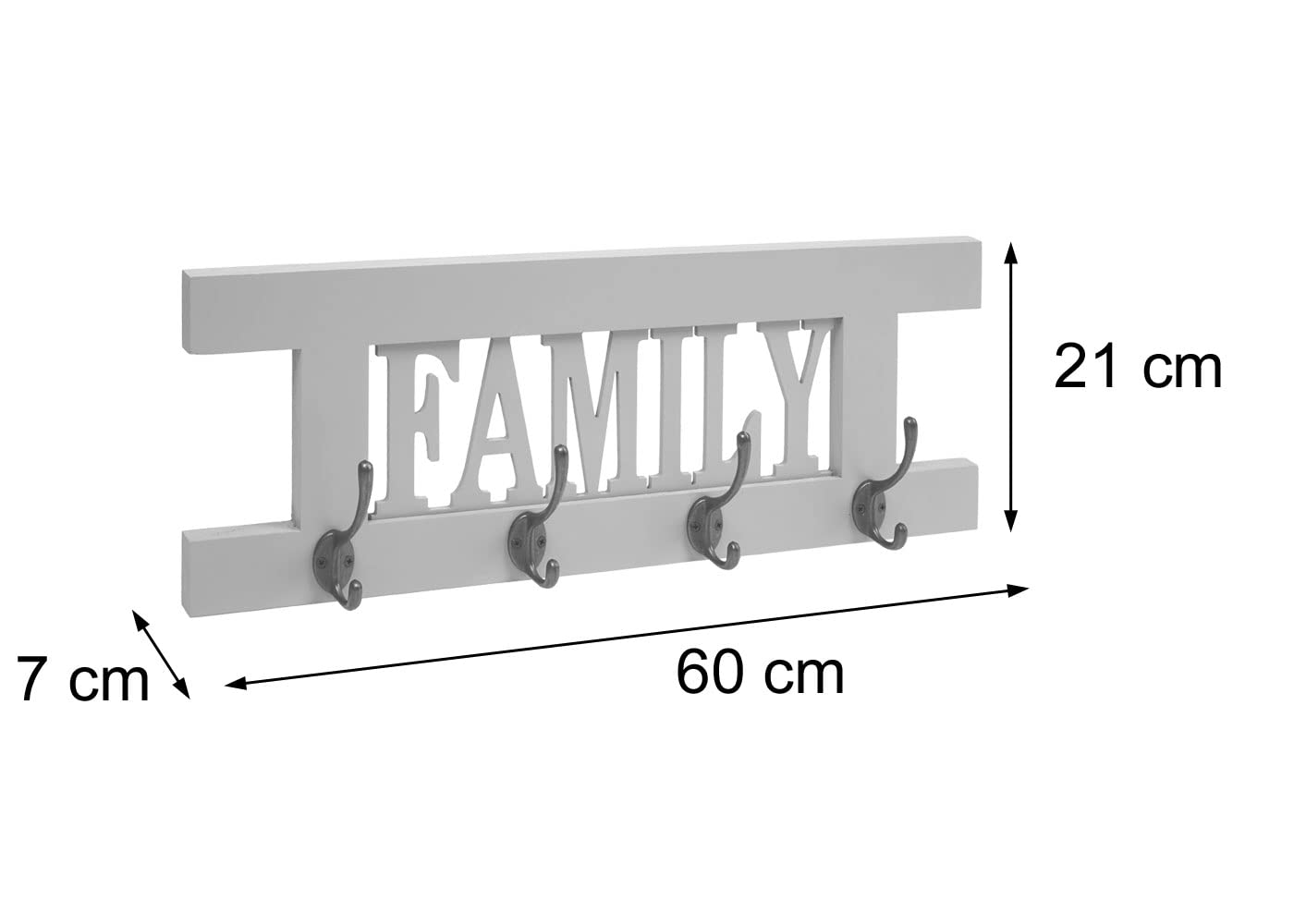 Appendiabiti Shabby Vintage HWC-C60 Family In Legno Paulonia Bianco – 60x21 Cm Con 4 Ganci, Ideale Per Ingresso E Camera