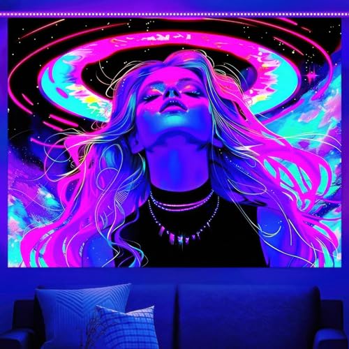 Image of BlissYard Blacklight Tapestry Bedroom Anime Girl Blacklight Tapestry 78x59 Inch Aesthetic UV Reactive Purple Tapestries Glow In The Dark Art Wall Hanging Poster Room Bedroom Party Backdrop Decor