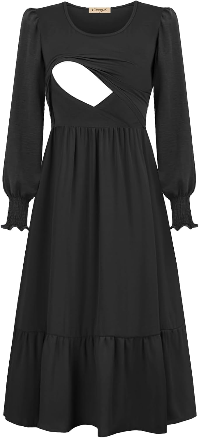 Women Nursing Dress Crew Neck Fall Maternity Flowy Long Sleeve Smocked Cuffs Tiered Cocktail Dresses with Pockets - Image 3