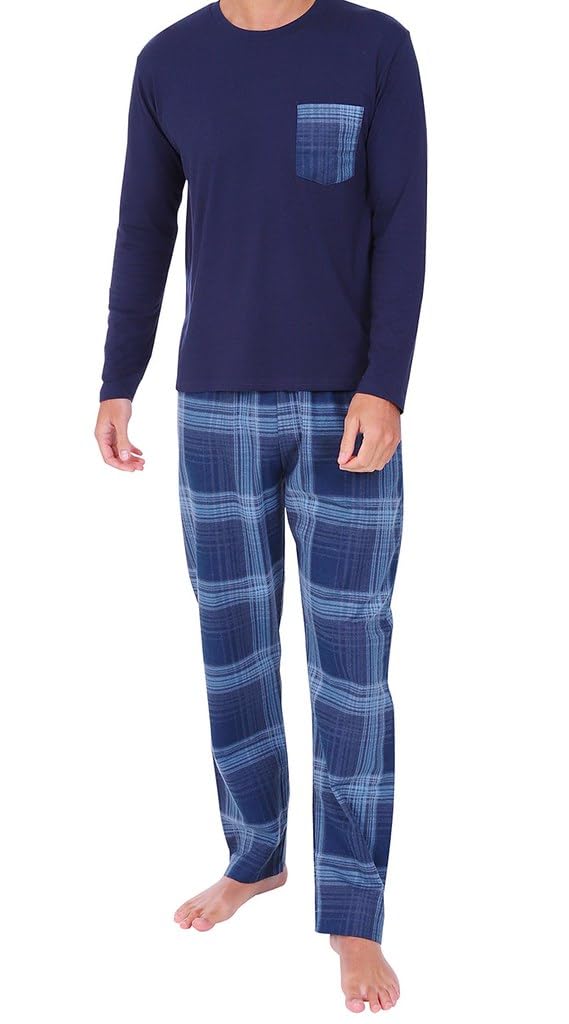Boys Navy Blue Long Tartan Check Bottoms Pyjama Set Pjs For Kids