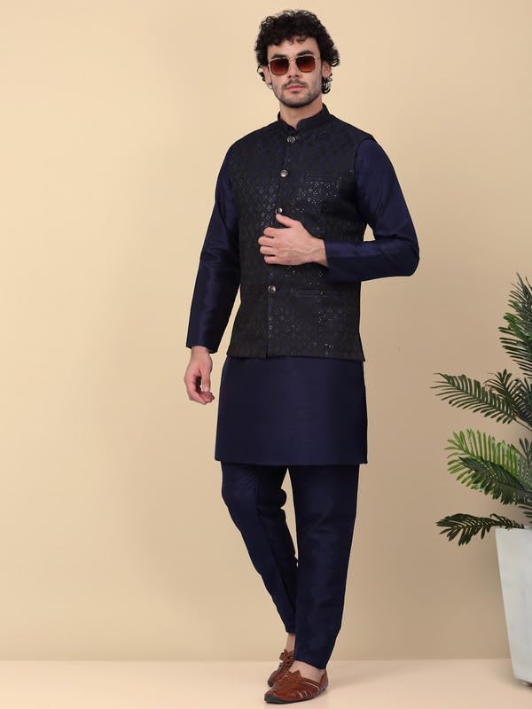 Image of KRAFT INDIA Men's Embroidered Sequins Jacquard Nehru Jacket