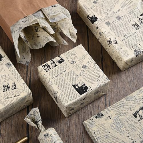 Bolsome 100 Sheets 20 * 14 Inches Vintage Newspaper Tissue Paper for Gift Wrapping Black White Newsprint Tissue Paper for Gift Bags for Birthday Wedding Anniversary DIY Craft (Yellow)