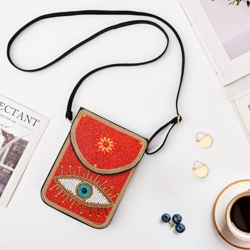 Image of Small Beaded Crossbody Bag for Women, Boho Cell Phone Shoulder Purse Wallet with Handcrafted Colorful Beads