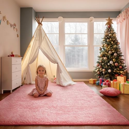 Poboton Area Rugs for Bedroom Living Room, 4X6 Ft Pink Fluffy Washable Rug