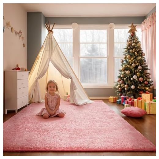 Poboton Area Rugs for Bedroom Living Room, 4X6 Ft Pink Fluffy Washable Rug