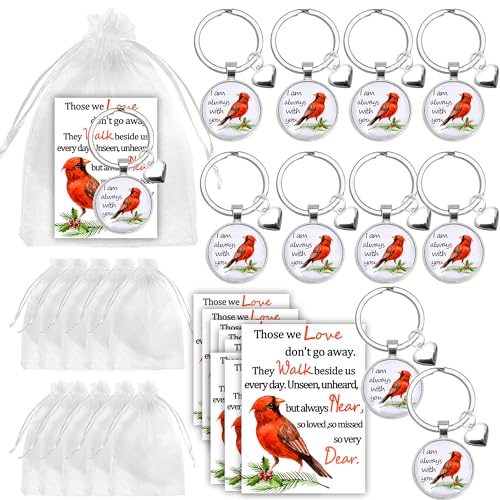 10 Set Cardinal Keychain Bulk Metal Red Bird Cardinal Key I Am with You Always Poem Cards White Organza Bags Funeral Gifts Grief Gifts Sympathy Gifts for Condolence Remembrance Bereavement