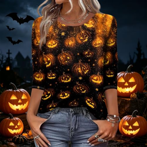 Image of Women Spooky Halloween Graphic Shirt 3 /4 Length Sleeve Crewneck Top | Halloween Funny Printed Pumpkin Plus Size Tshirts 2026 Fall Outfits Skeleton Tee Going Out Tops